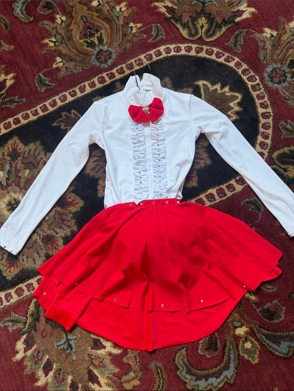 Weissman White Body Suit and Red Skirt